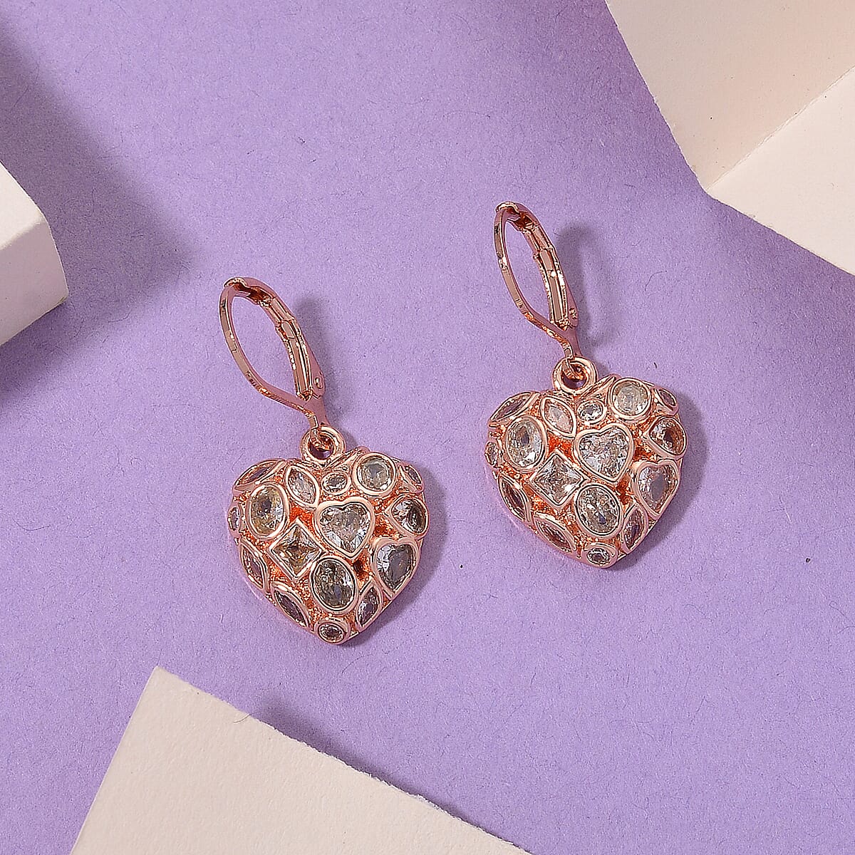 Simulated Diamond Heart Earrings in Rostone image number 1