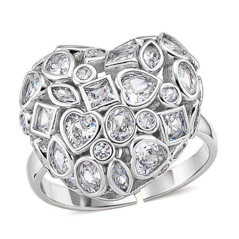 Simulated Diamond Heart Ring in Silvertone (Size 6.5-8.5)