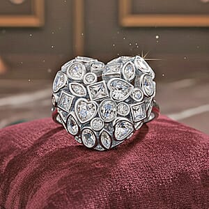 Simulated Diamond Heart Ring in Silvertone (Size 6.5-8.5)