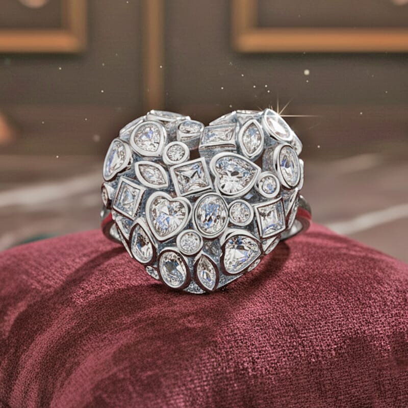 Simulated Diamond Heart Ring in Silvertone (Size 6.5-8.5)