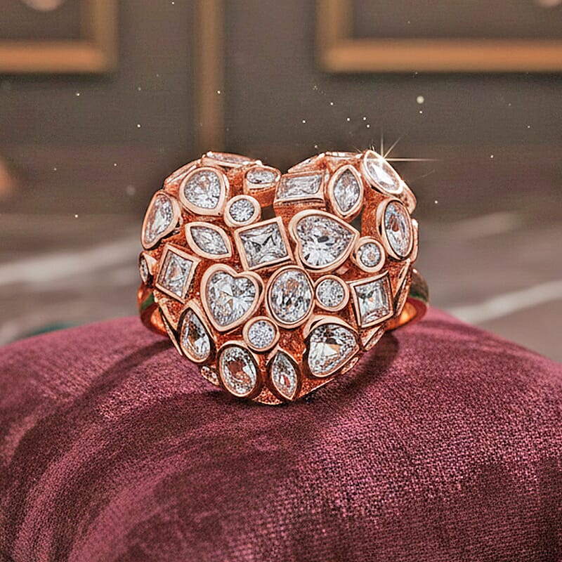 Simulated Diamond Heart Ring in Rosetone (Size 6.5-8.5)