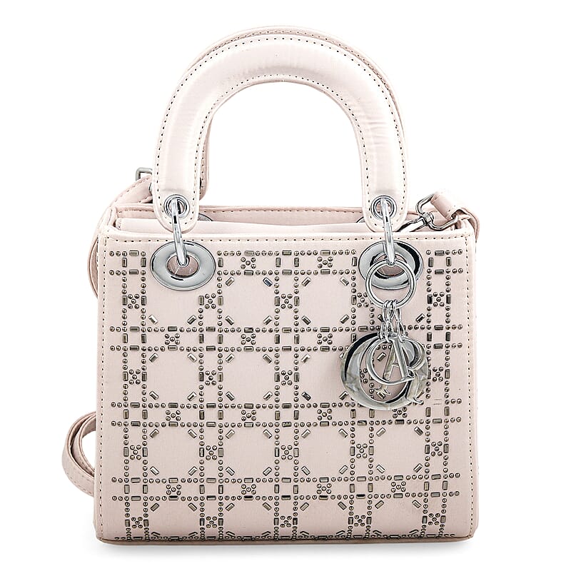 La Marey White Faux Leather and Rhinestone Crossbody Bag with Handle Drop and Shoulder Strap