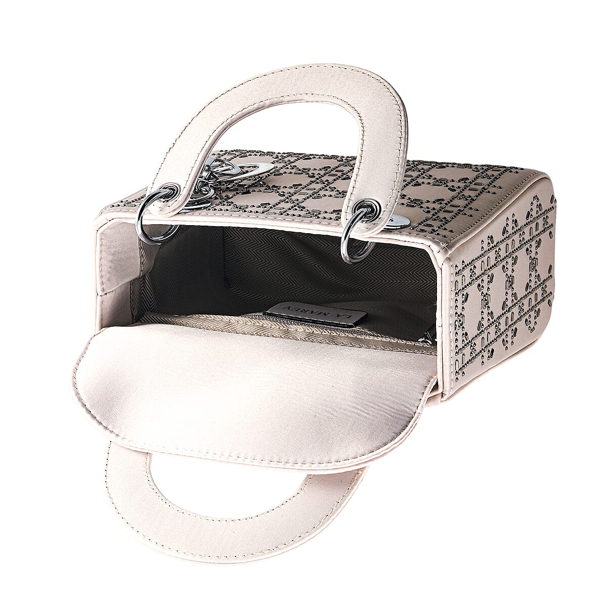 La Marey White Faux Leather and Rhinestone Crossbody Bag with Handle Drop and Shoulder Strap image number 4