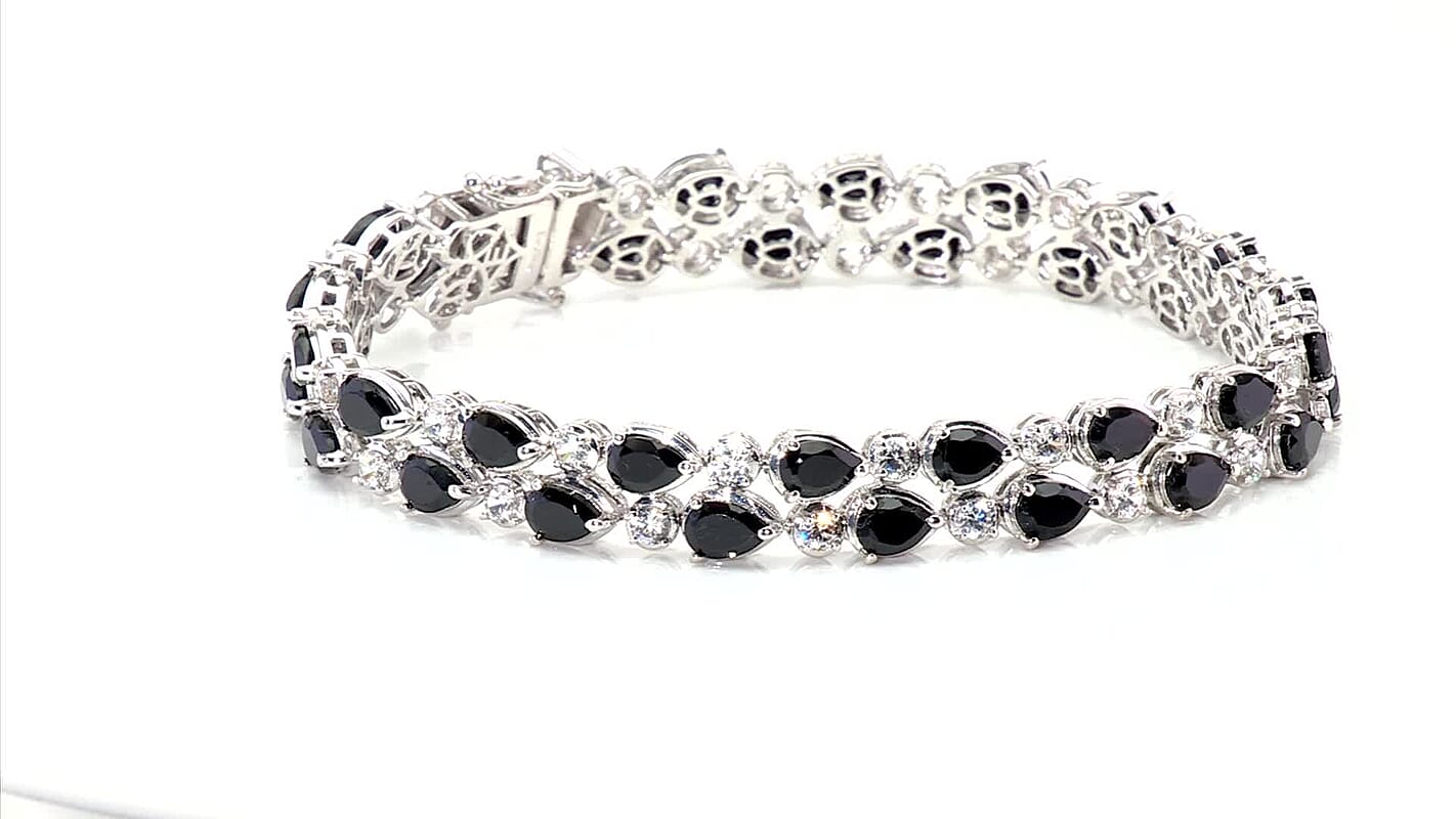 EverTrue Thai Black Spinel, White Zircon Forest Dewdrop Bracelet in Platinum Bond (7.25 In) 20.30 ctw