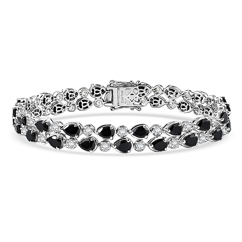 EverTrue Thai Black Spinel and White Zircon 22.90 ctw 2 Row Forest Dewdrop Bracelet in Platinum Bond (8.00 In)