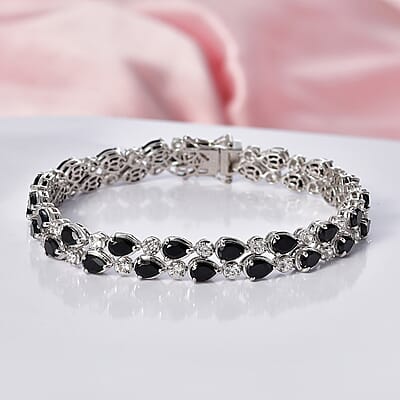 EverTrue Thai Black Spinel and White Zircon 22.90 ctw 2 Row Forest Dewdrop Bracelet in Platinum Bond (8.00 In)