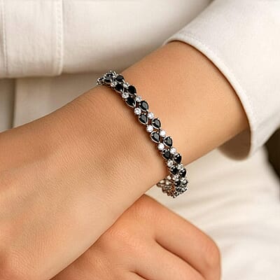 EverTrue Thai Black Spinel and White Zircon 22.90 ctw 2 Row Forest Dewdrop Bracelet in Platinum Bond (8.00 In)