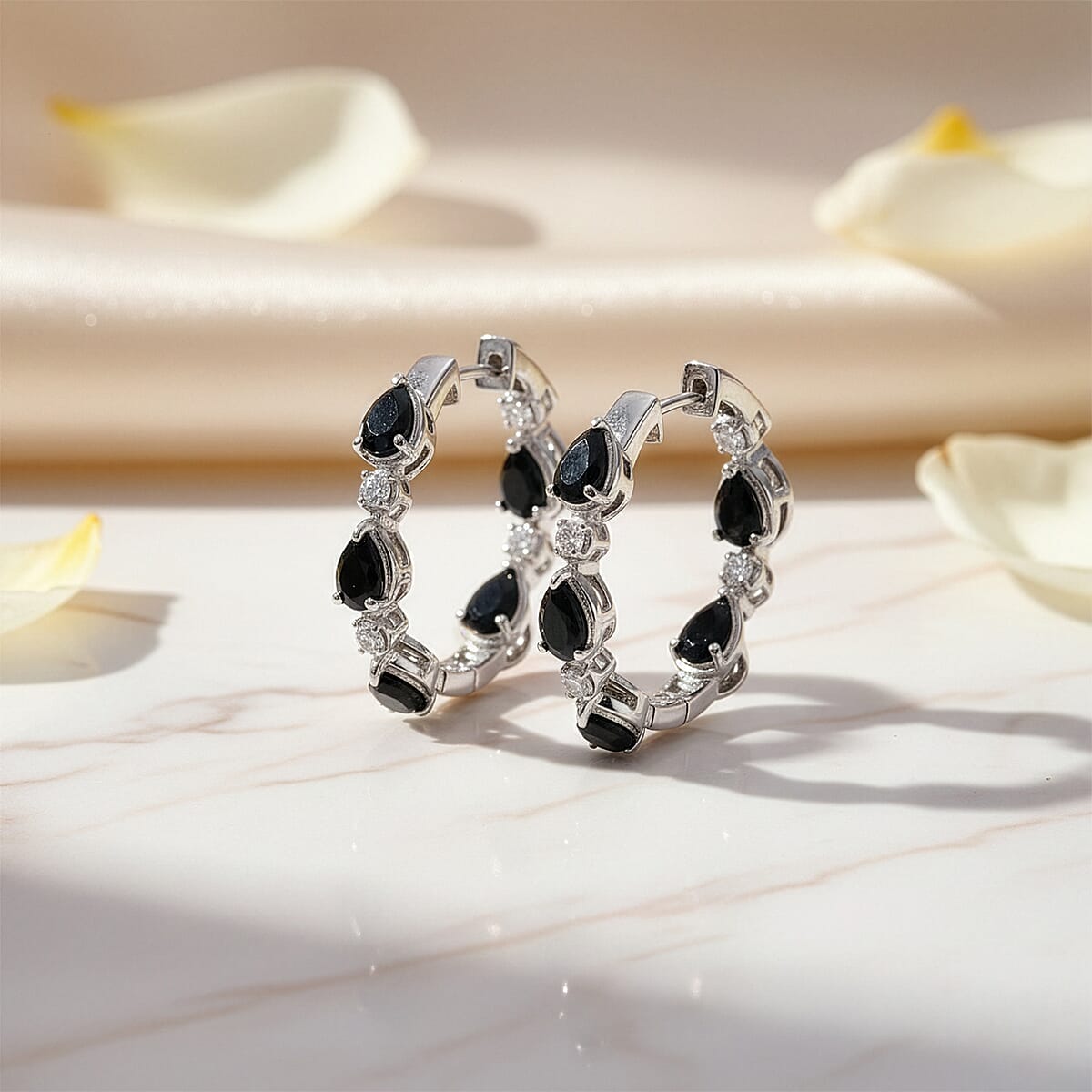 EverTrue Thai Black Spinel and White Zircon 6.00 ctw Forest Dewdrop Hoop Earrings in Platinum Bond (Del. in 7-10 Days) image number 1