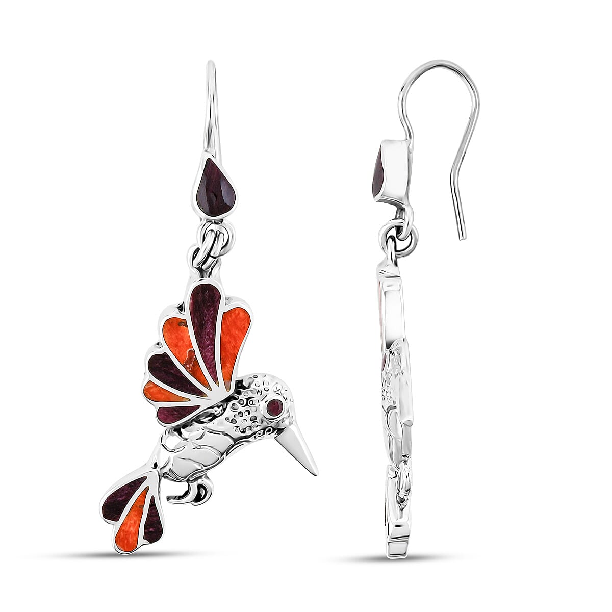 Peruvian Artistry Multi Gemstone 1.40 ctw Orange and Purple Hummingbird Earrings in Sterling Silver image number 0