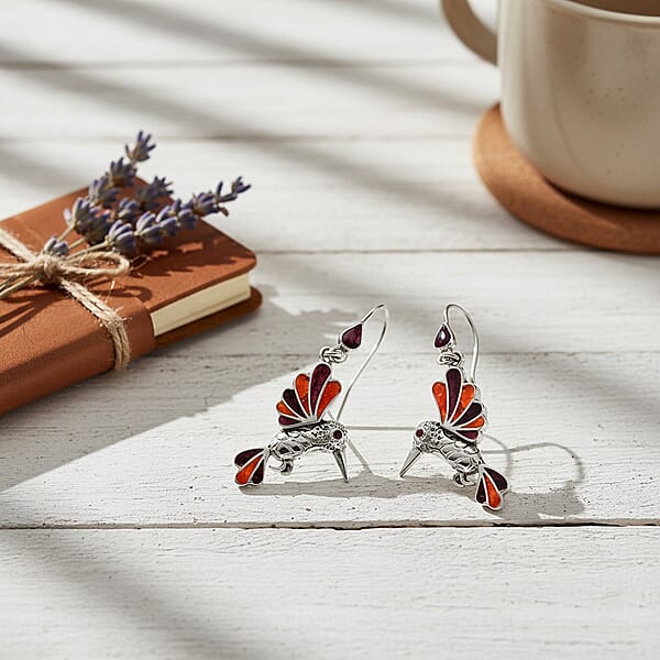 Peruvian Artistry Multi Gemstone 1.40 ctw Orange and Purple Hummingbird Earrings in Sterling Silver