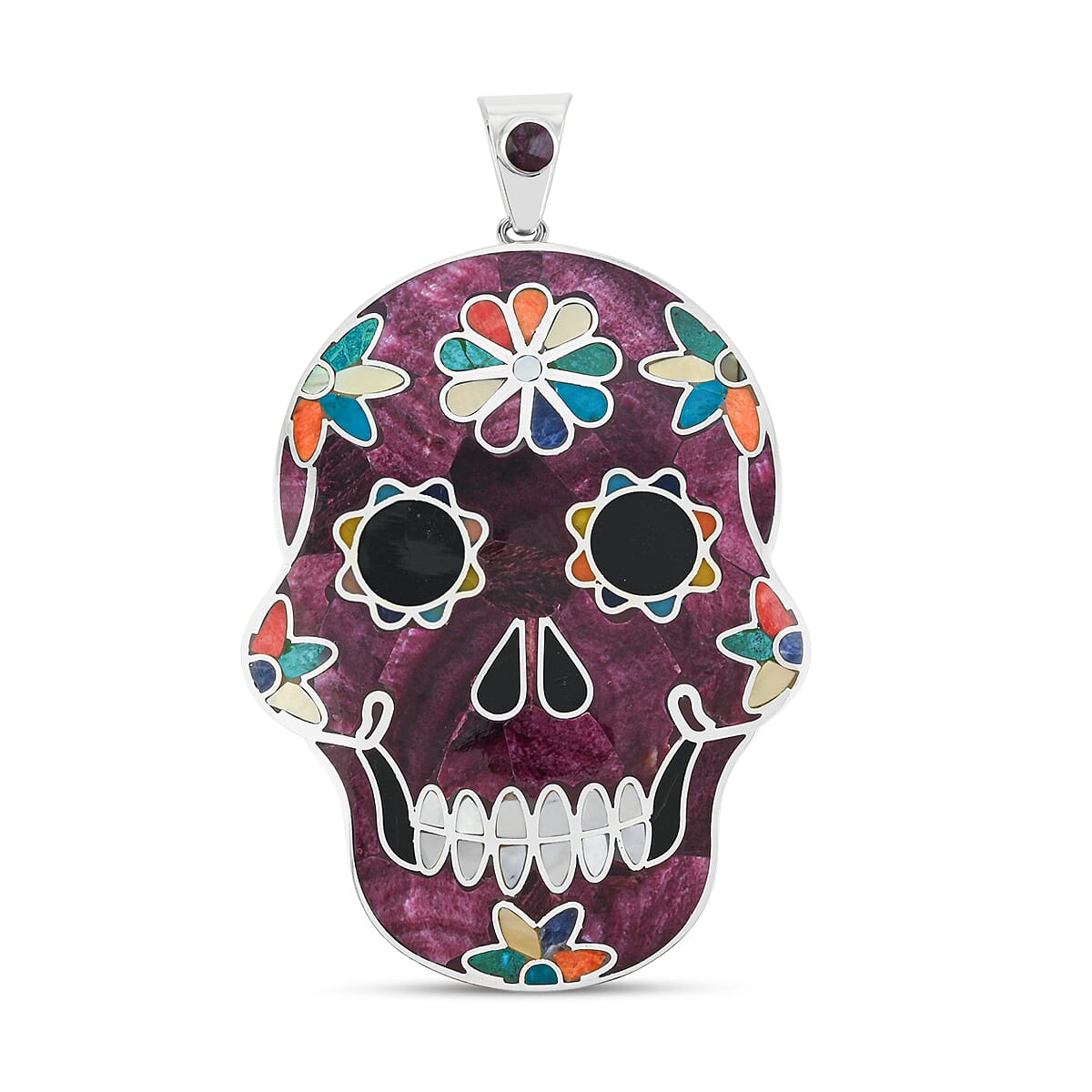Peruvian Artistry Multi Gemstone 21.00 ctw Purple Rainbow Day Of Dead Mexican Skull Pendant without Chain in Sterling Silver image number 0