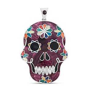 Peruvian Artistry Multi Gemstone 21.00 ctw Purple Rainbow Day Of Dead Mexican Skull Pendant without Chain in Sterling Silver