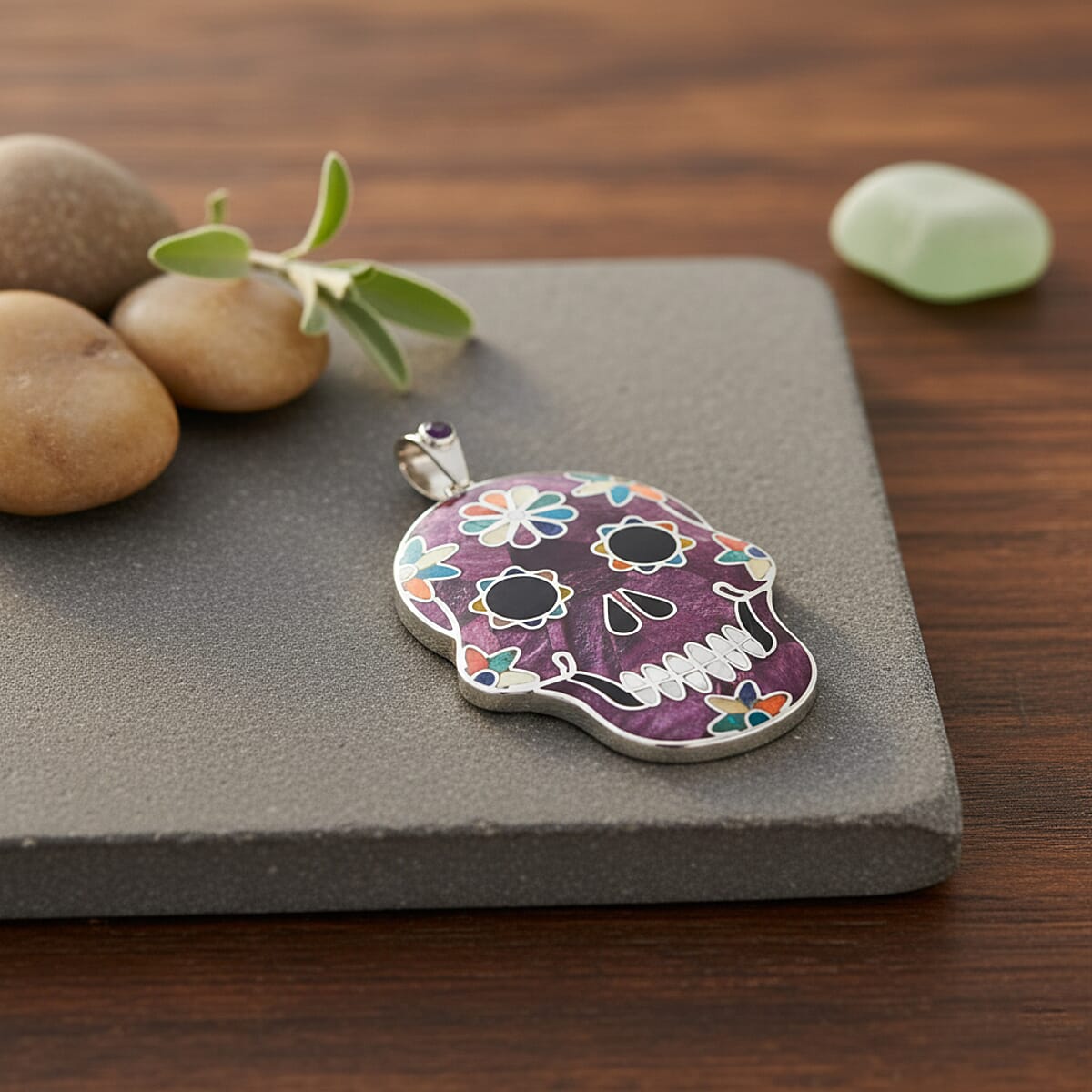 Peruvian Artistry Multi Gemstone 21.00 ctw Purple Rainbow Day Of Dead Mexican Skull Pendant without Chain in Sterling Silver image number 1