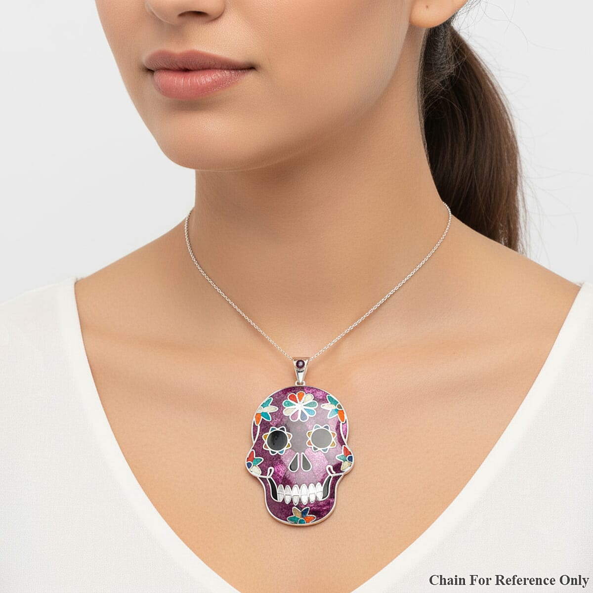 Peruvian Artistry Multi Gemstone 21.00 ctw Purple Rainbow Day Of Dead Mexican Skull Pendant without Chain in Sterling Silver image number 2