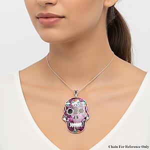 Peruvian Artistry Multi Gemstone 21.00 ctw Purple Rainbow Day Of Dead Mexican Skull Pendant without Chain in Sterling Silver