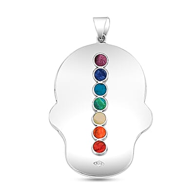Peruvian Artistry Multi Gemstone 21.00 ctw Purple Rainbow Day Of Dead Mexican Skull Pendant without Chain in Sterling Silver