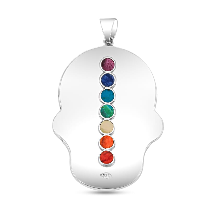 Peruvian Artistry Multi Gemstone 21.00 ctw Purple Rainbow Day Of Dead Mexican Skull Pendant without Chain in Sterling Silver