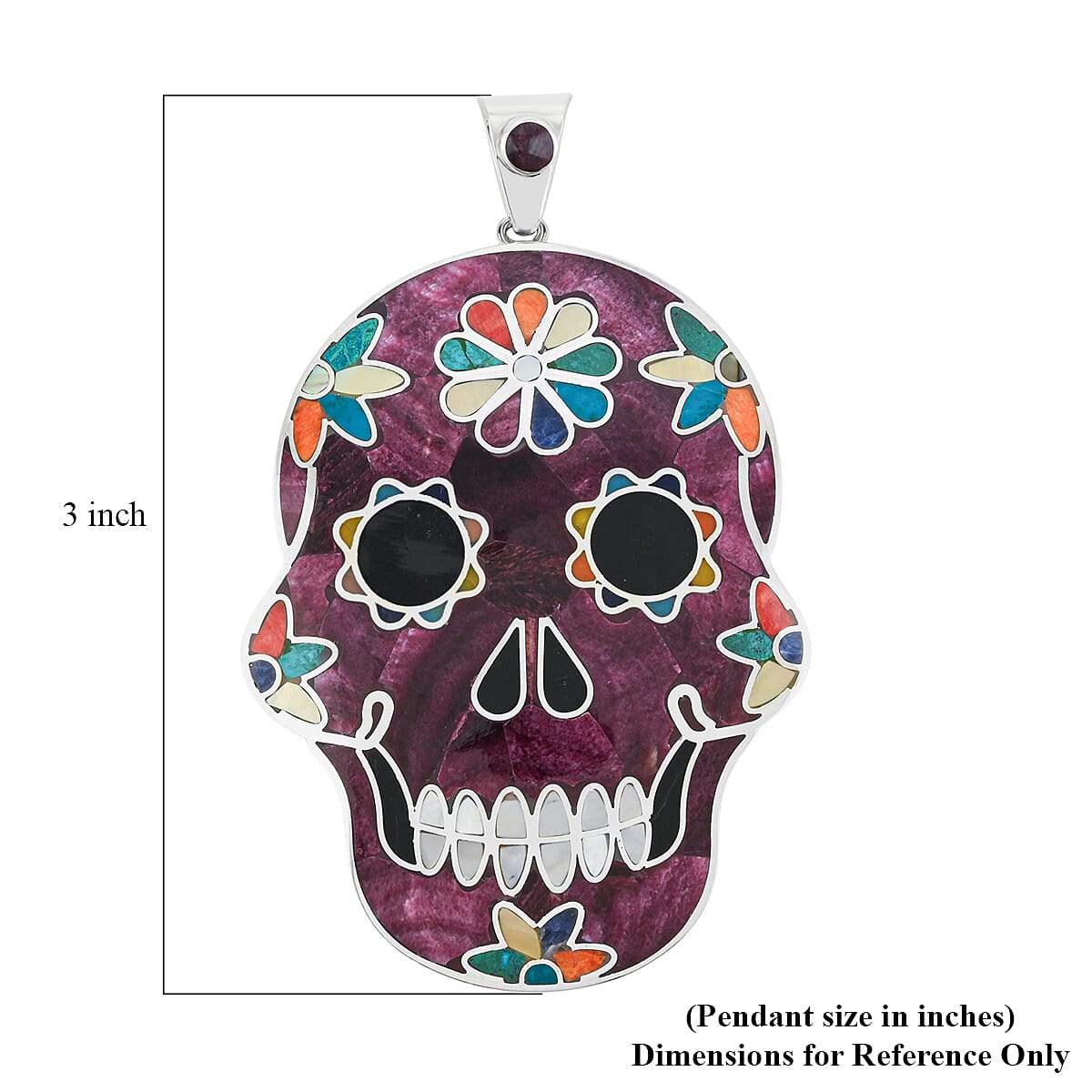 Peruvian Artistry Multi Gemstone 21.00 ctw Purple Rainbow Day Of Dead Mexican Skull Pendant without Chain in Sterling Silver image number 5