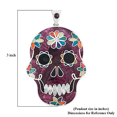 Peruvian Artistry Multi Gemstone 21.00 ctw Purple Rainbow Day Of Dead Mexican Skull Pendant without Chain in Sterling Silver