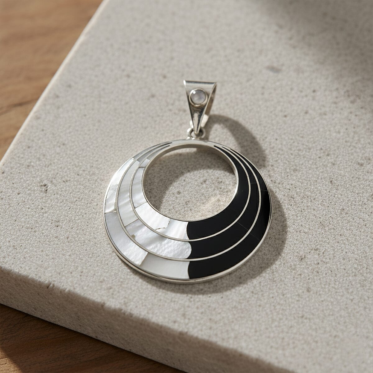 Peruvian Artistry Multi Gemstone 11.00 ctw Black and White Delia Circle Pendant without Chain in Sterling Silver image number 1