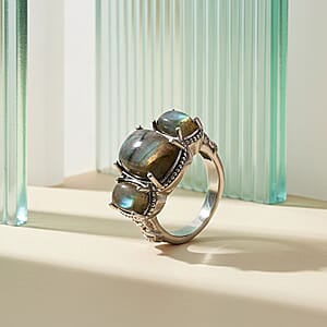 EverTrue Malagasy Labradorite 3 Stone Ring in Stainless Steel (Size 10.0) 9.80 ctw