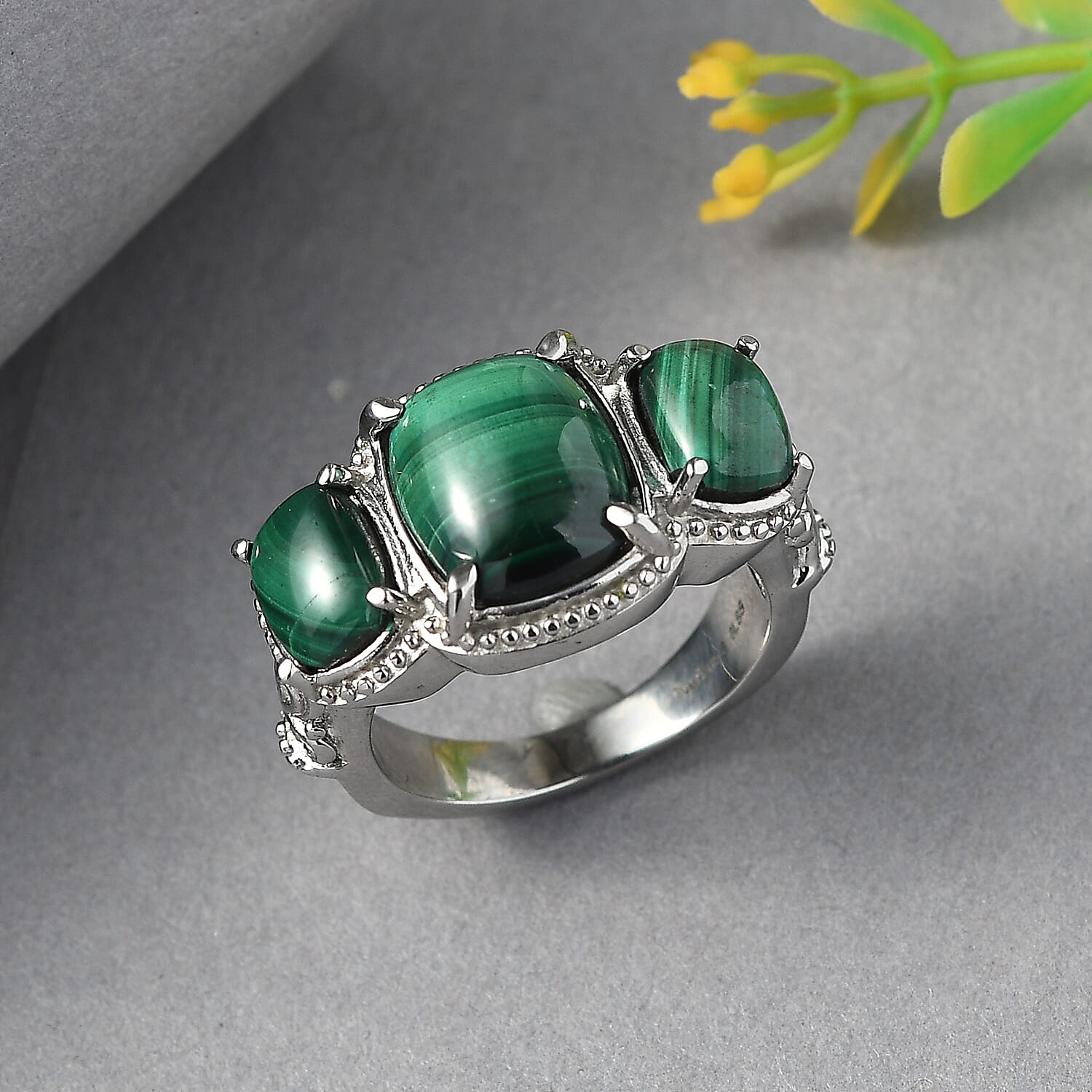 EverTrue African Malachite 3 Stone Ring in Stainless Steel (Size 6.0) 11.65 ctw