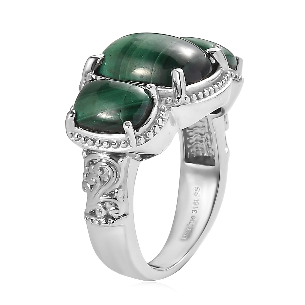 EverTrue African Malachite 3 Stone Ring in Stainless Steel (Size 6.0) 11.65 ctw