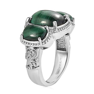 EverTrue African Malachite 3 Stone Ring in Stainless Steel (Size 6.0) 11.65 ctw