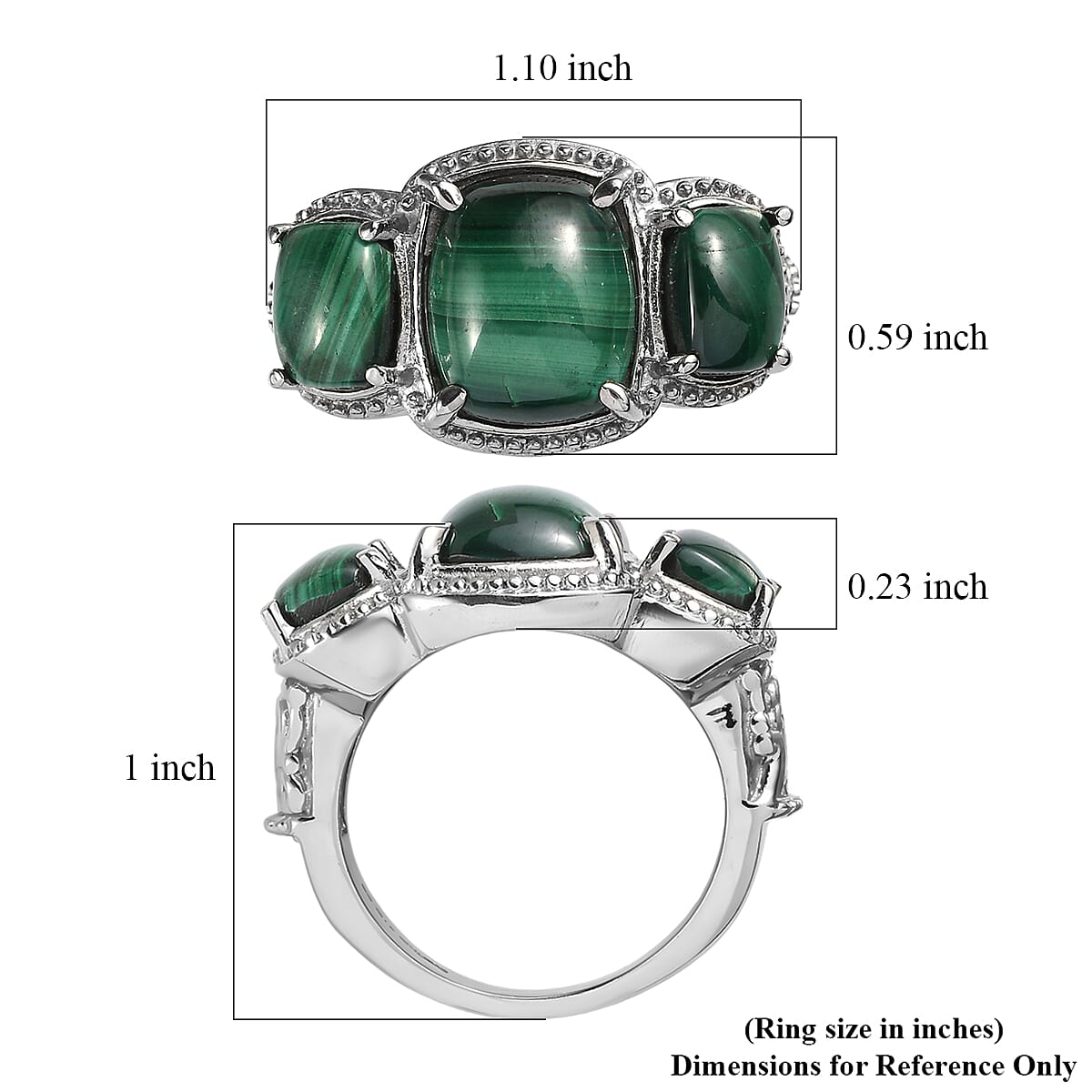 EverTrue African Malachite 3 Stone Ring in Stainless Steel (Size 6.0) 11.65 ctw