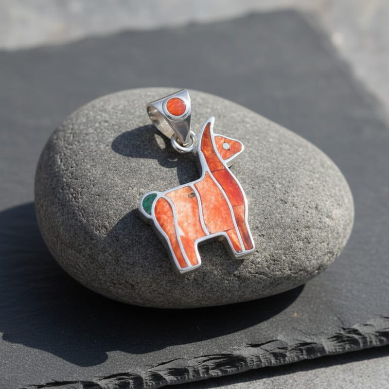 Peruvian Artistry Multi Gemstone 1.75 ctw Orange Llama Pendant without Chain in Sterling Silver