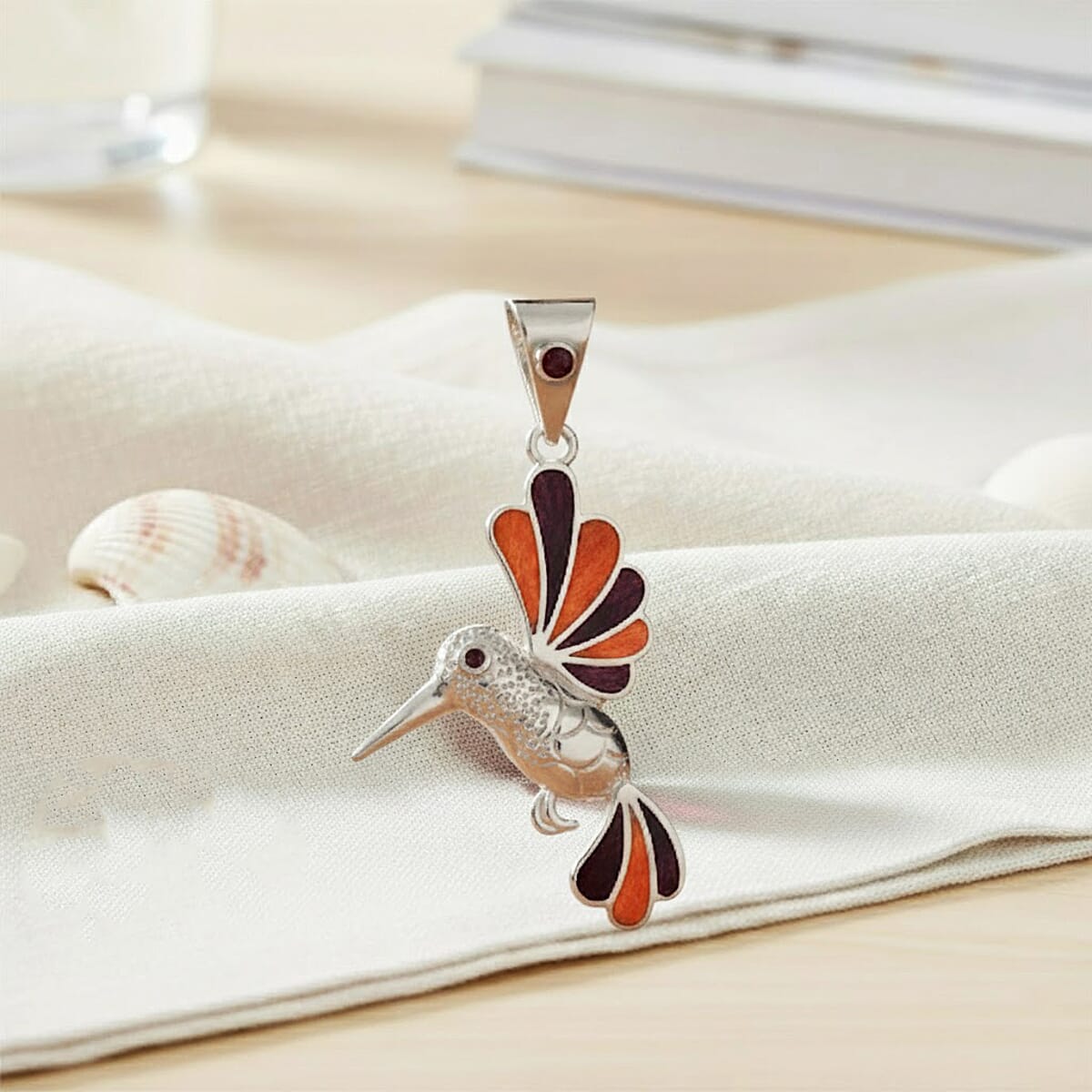 Peruvian Artistry Multi Gemstone 1.20 ctw Orange and Purple Hummingbird Pendant without Chain in Sterling Silver image number 1