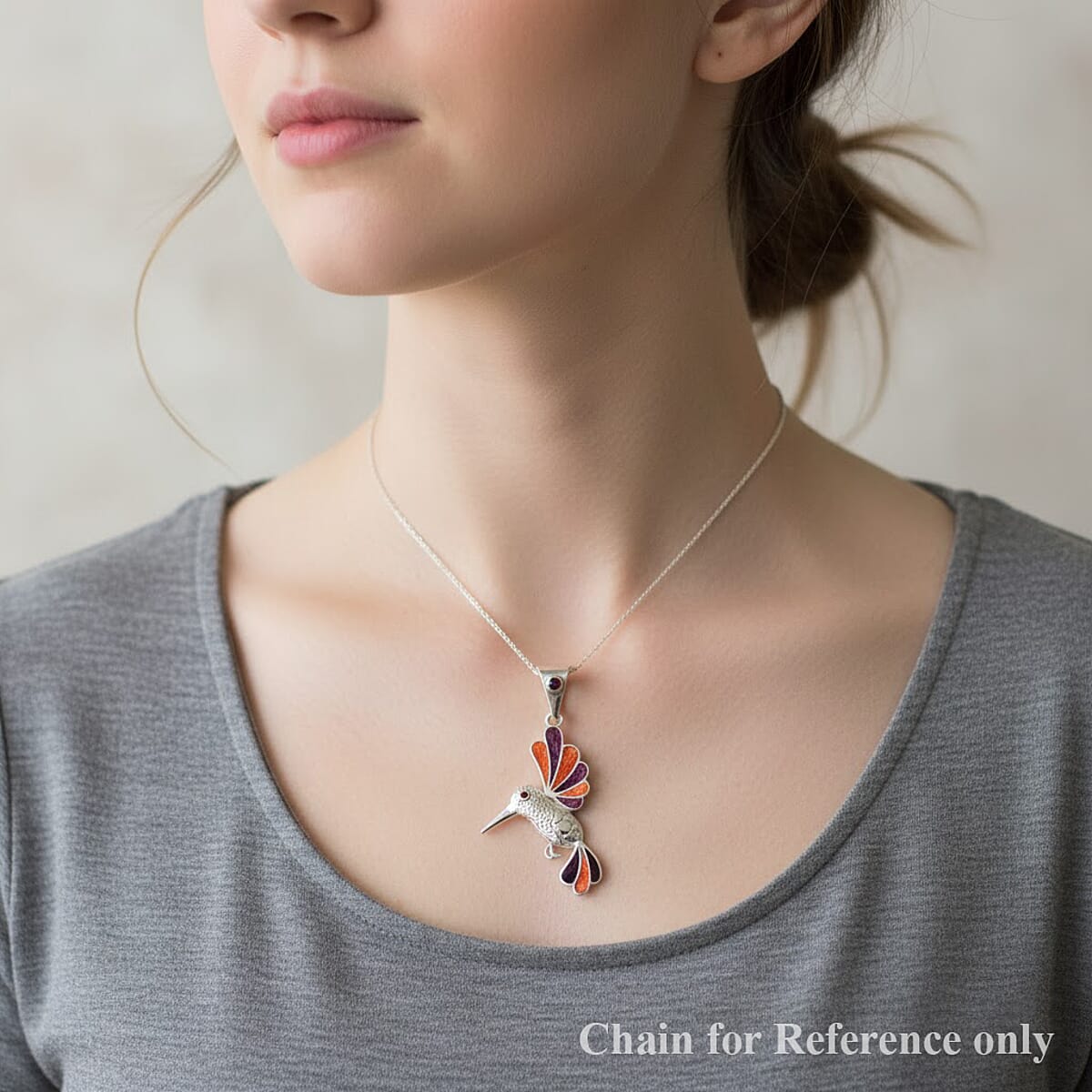 Peruvian Artistry Multi Gemstone 1.20 ctw Orange and Purple Hummingbird Pendant without Chain in Sterling Silver image number 2