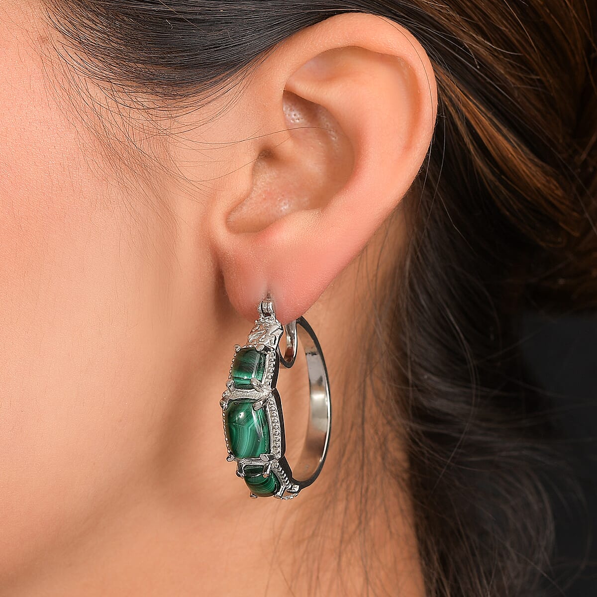 EverTrue African Malachite 13.65 ctw Earrings in Stainless Steel image number 2
