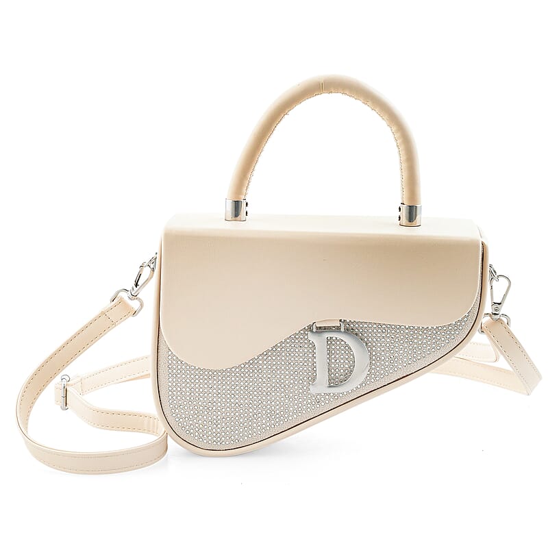 La Marey White Faux Leather and Rhinestone Sparkling Crossbody Bag with Shoulder Strap