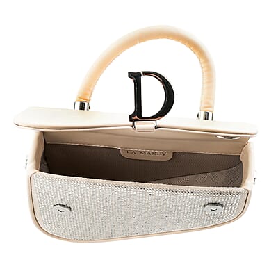 La Marey White Faux Leather and Rhinestone Sparkling Crossbody Bag with Shoulder Strap