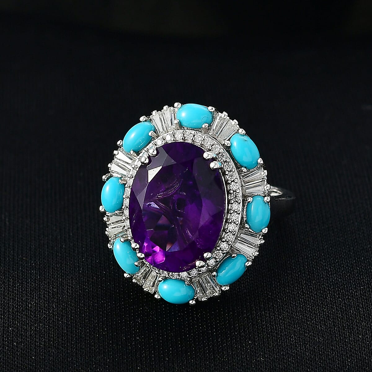 D'Joy African Amethyst, Multi Gemstone Sky Night Ring in Rhodium Over Sterling Silver 11.20 ctw (Size 6.0) image number 1