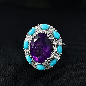  D'Joy African Amethyst and Multi Gemstone 11.20 ctw Sky Night Ring in Rhodium Over Sterling Silver (Size 7.0)