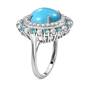 D'Joy Sleeping Beauty Turquoise, Multi Gemstone Royal Halo Crest Ring in Rhodium Over Sterling Silver 8.65 ctw (Size 10.0)