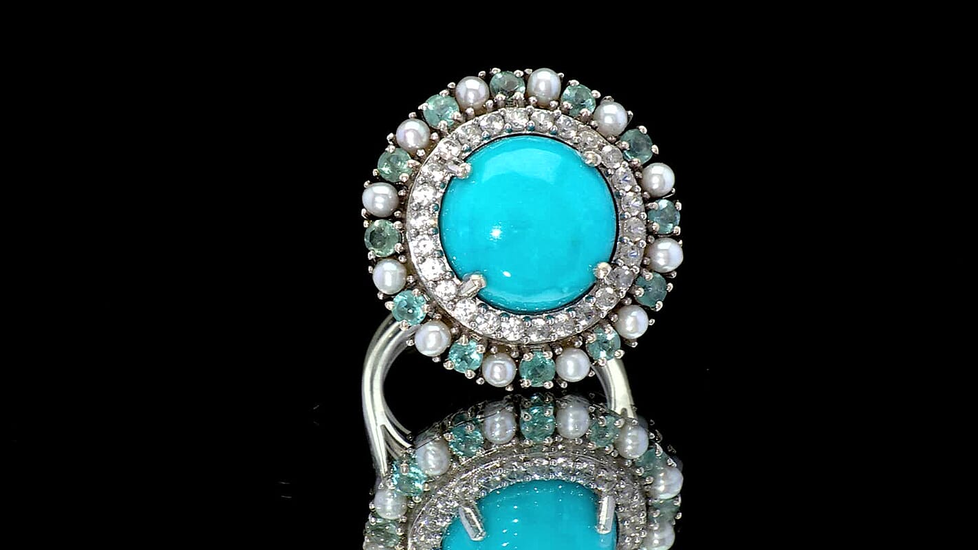D'Joy Premium Sleeping Beauty Turquoise, Multi Gemstone Ring in Rhodium Over Sterling Silver (Size 10.0) 8.65 ctw