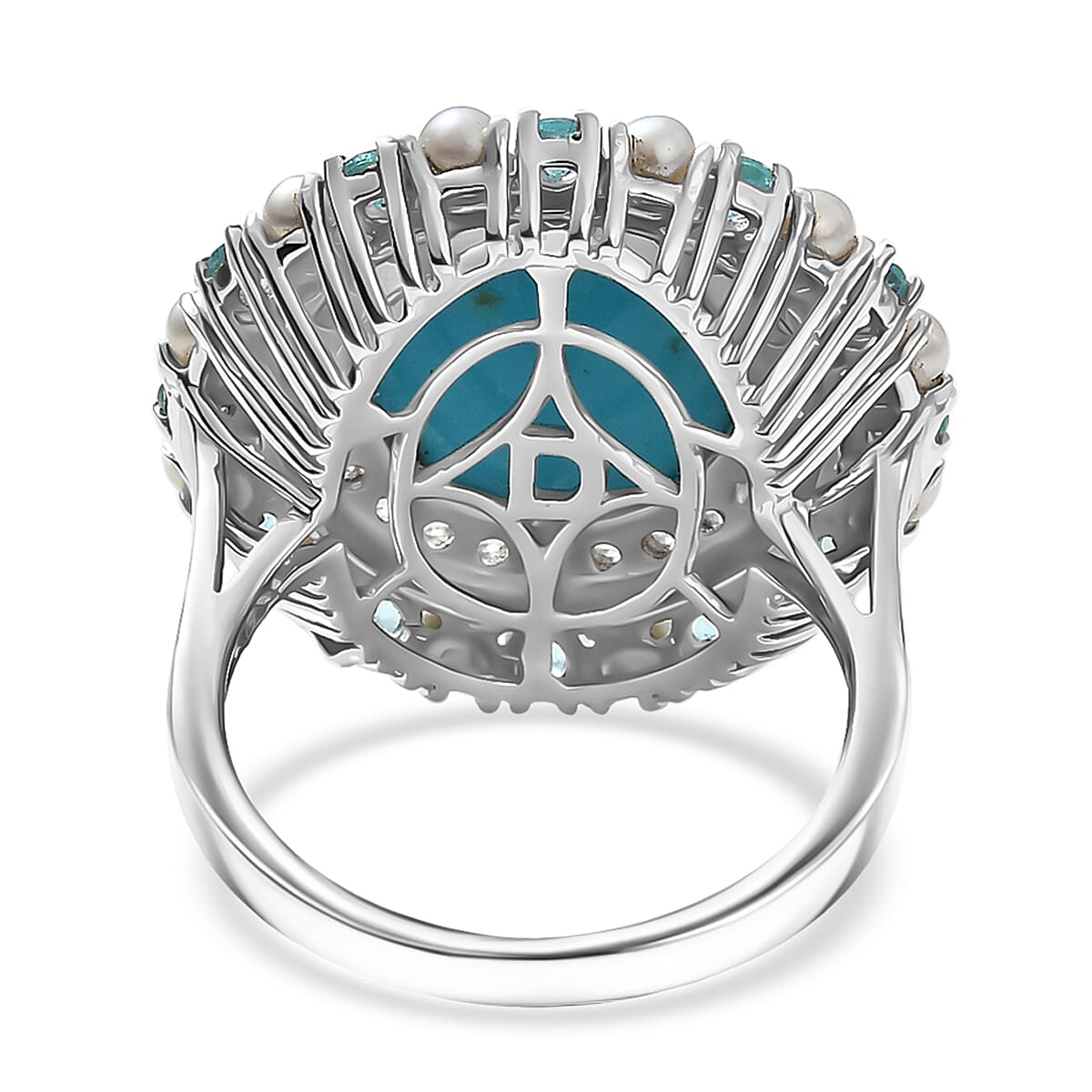 D'Joy Premium Sleeping Beauty Turquoise and Multi Gemstone 8.65 ctw Royal Halo Crest Ring in Rhodium Over Sterling Silver (Size 7.0) image number 4
