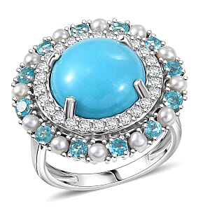 D'Joy Sleeping Beauty Turquoise, Multi Gemstone Royal Halo Crest Ring in Rhodium Over Sterling Silver 8.65 ctw (Size 8.0)