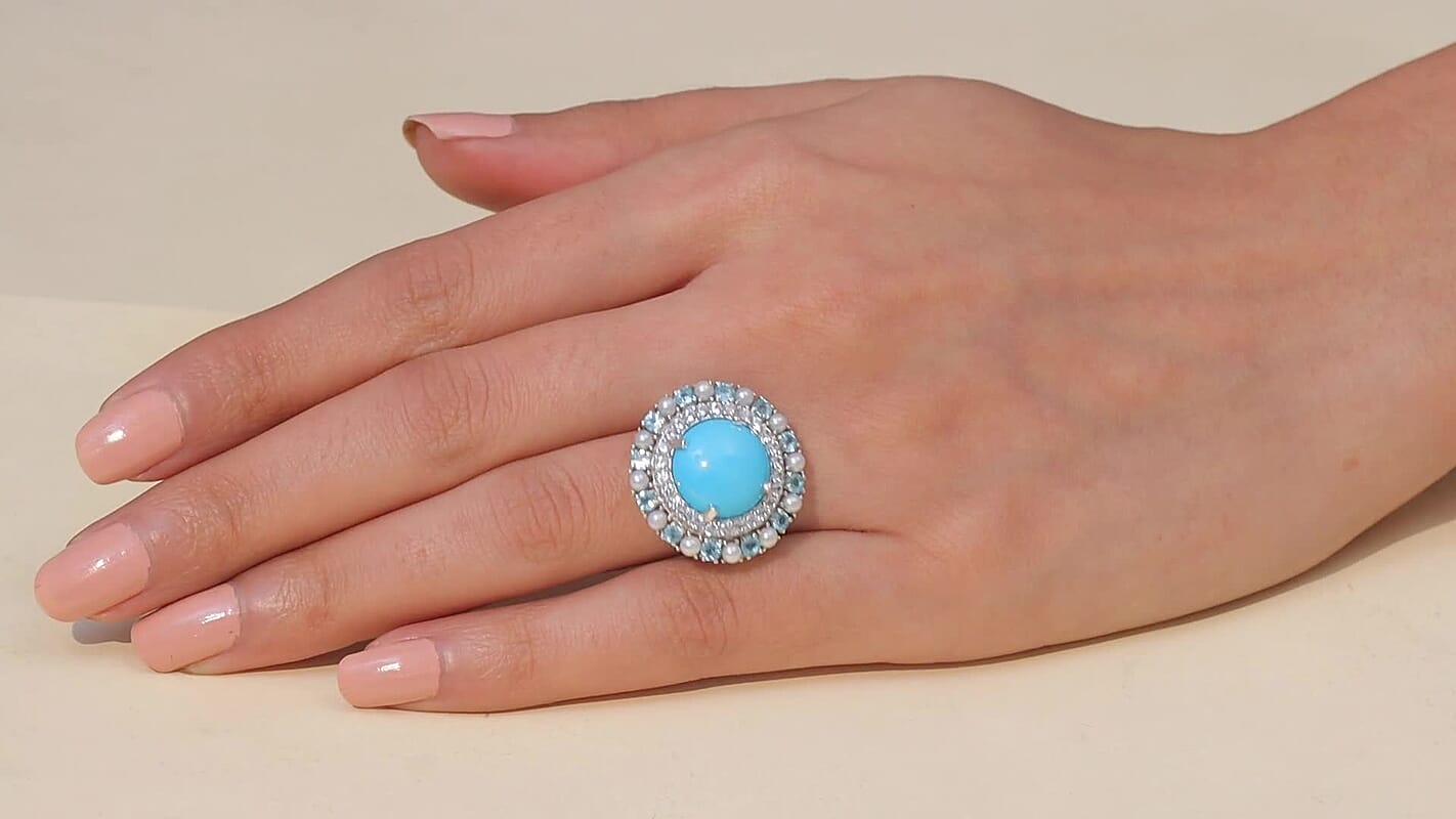 D'Joy Premium Sleeping Beauty Turquoise, Multi Gemstone Ring in Rhodium Over Sterling Silver (Size 10.0) 8.65 ctw