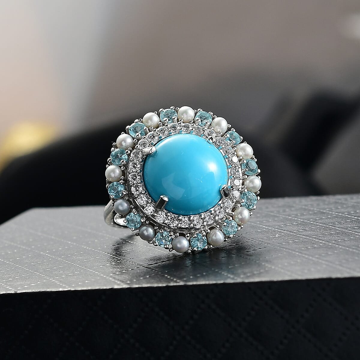 D'Joy Sleeping Beauty Turquoise, Multi Gemstone Royal Halo Crest Ring in Rhodium Over Sterling Silver 8.65 ctw (Size 9.0) image number 1