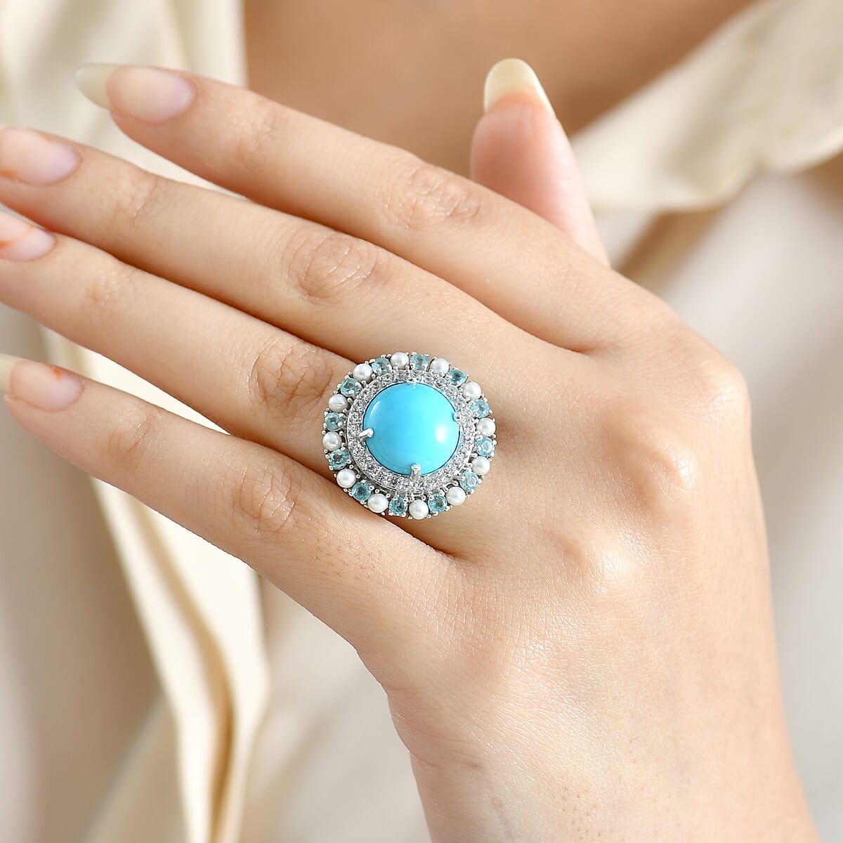 D'Joy Sleeping Beauty Turquoise, Multi Gemstone Royal Halo Crest Ring in Rhodium Over Sterling Silver 8.65 ctw (Size 9.0) image number 2