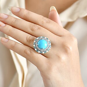 D'Joy Sleeping Beauty Turquoise, Multi Gemstone Royal Halo Crest Ring in Rhodium Over Sterling Silver 8.65 ctw (Size 9.0)