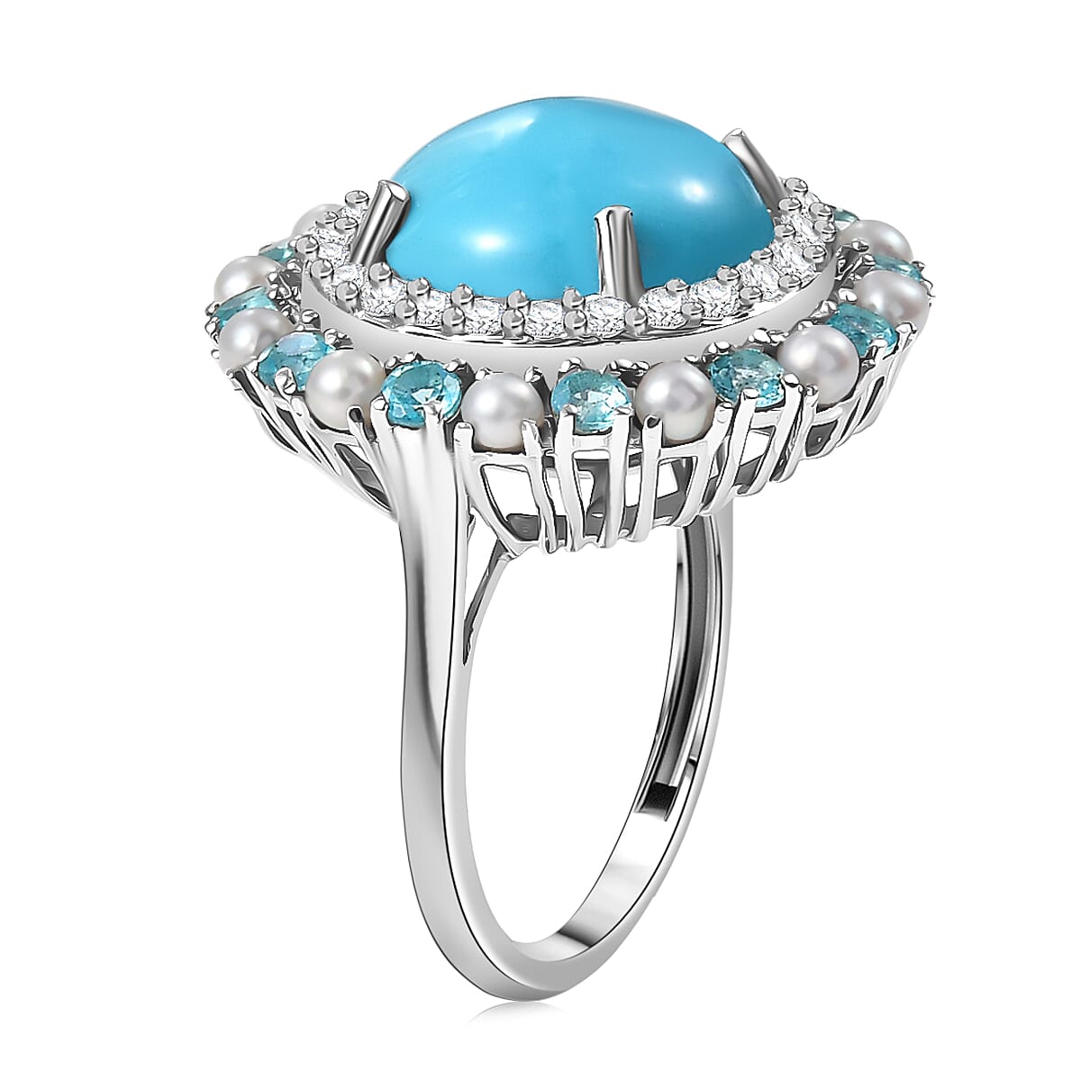 D'Joy Sleeping Beauty Turquoise, Multi Gemstone Royal Halo Crest Ring in Rhodium Over Sterling Silver 8.65 ctw (Size 9.0) image number 3