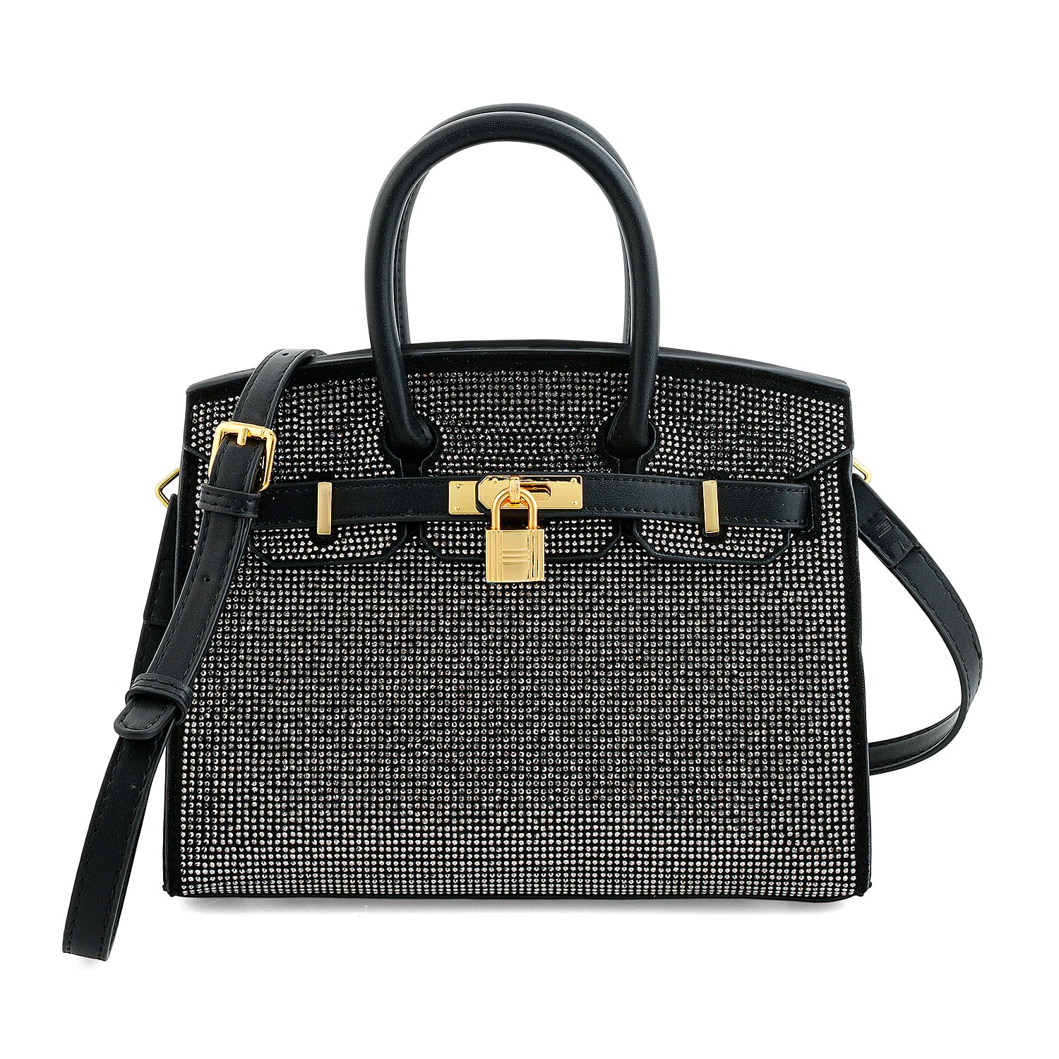 La Marey Black Faux Leather and Rhinestone Tote Bag with Handle Drop
