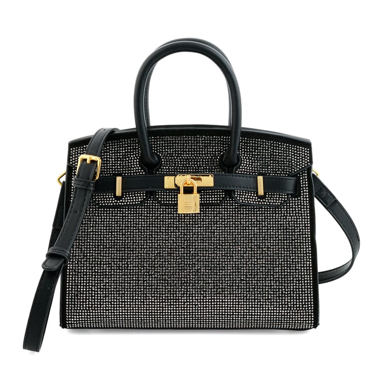 La Marey Black Faux Leather and Rhinestone Tote Bag with Handle Drop