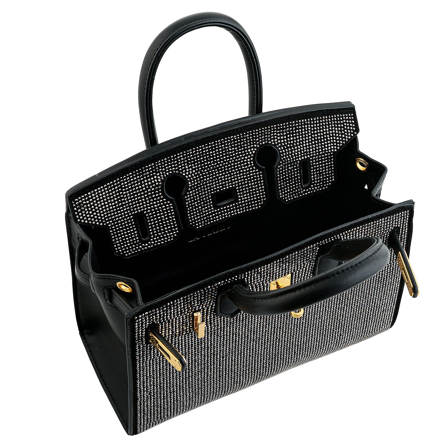 La Marey Black Faux Leather and Rhinestone Tote Bag with Handle Drop