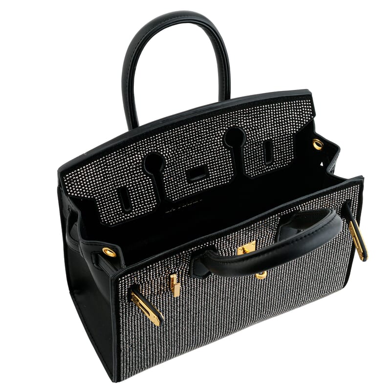 La Marey Black Faux Leather and Rhinestone Tote Bag with Handle Drop